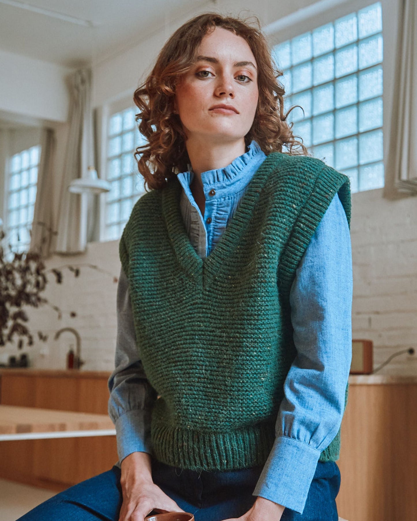 Blouse à volants chiné bleu
