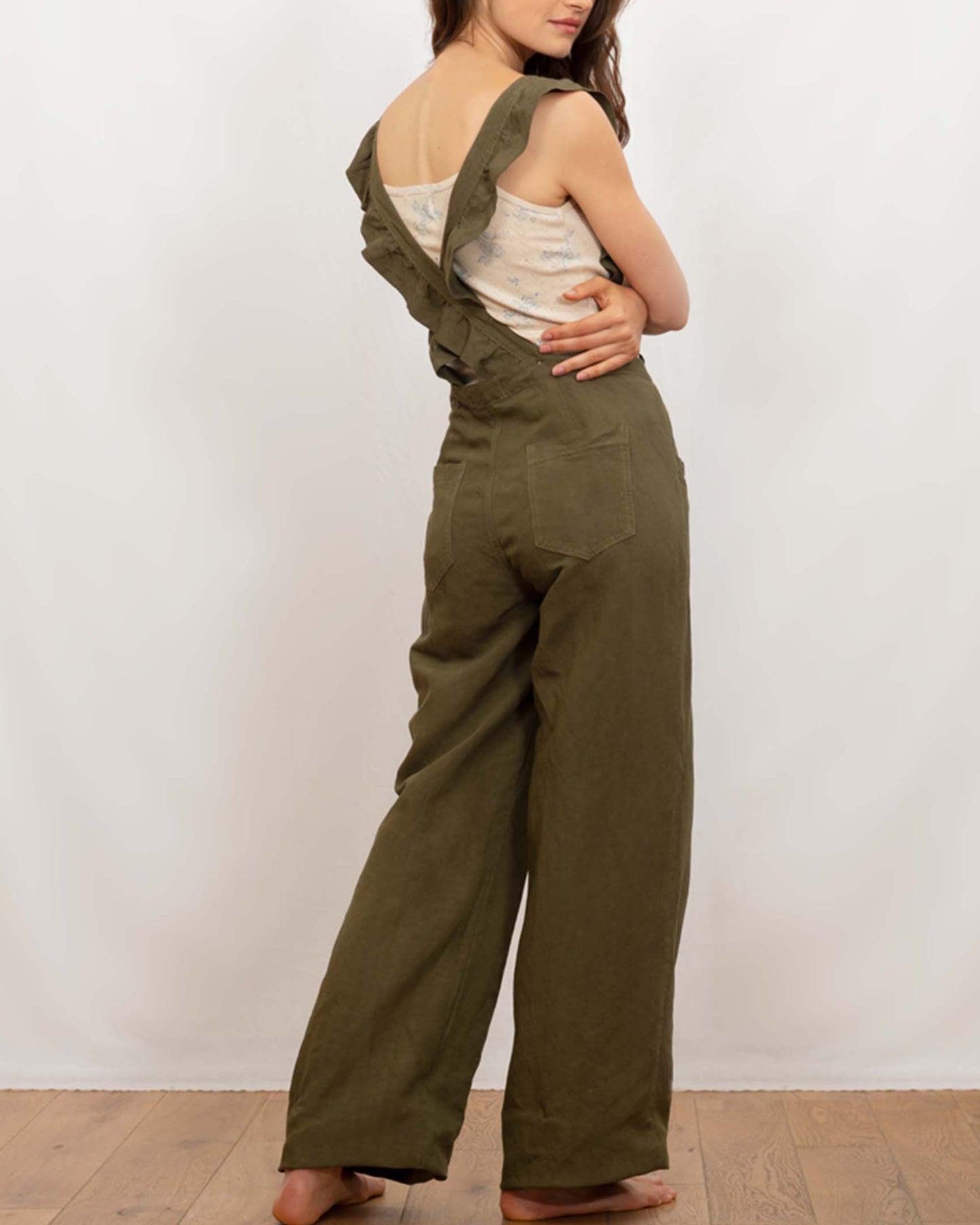 Salopette volantée lin et viscose kaki