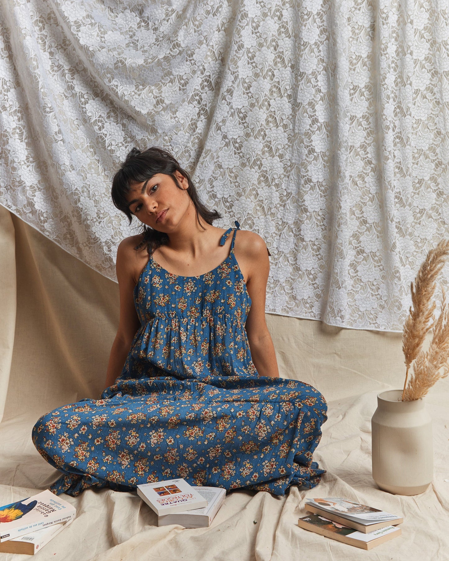 Robe à bretelles viscose et soie floral bleu