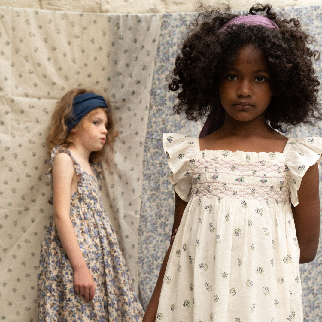 Robe voile de coton à fleurs écru