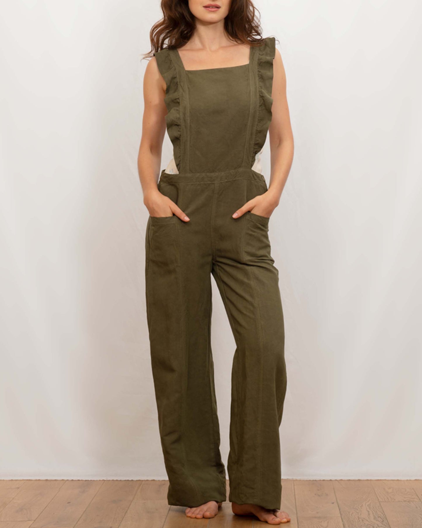 Salopette volantée lin et viscose kaki