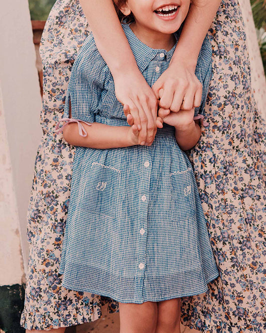 Jupe courte crépon de coton vichy bleu