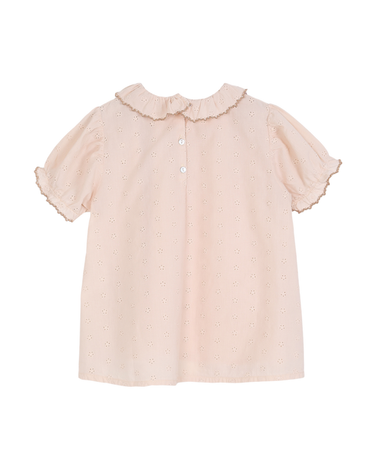 Blouse évasée broderie anglaise rose