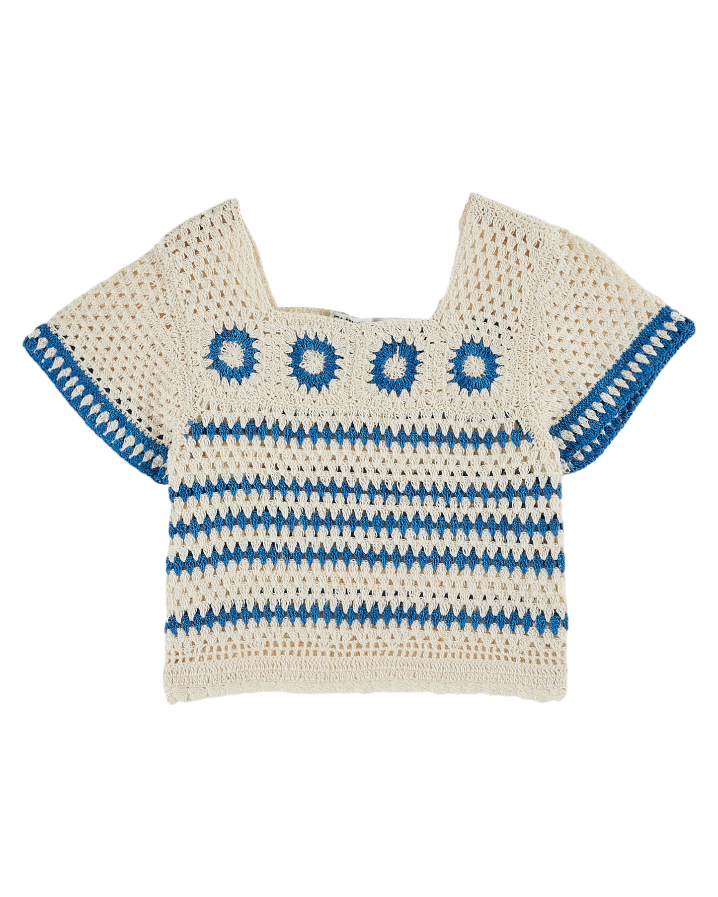 Top crochet à motifs écru et bleu