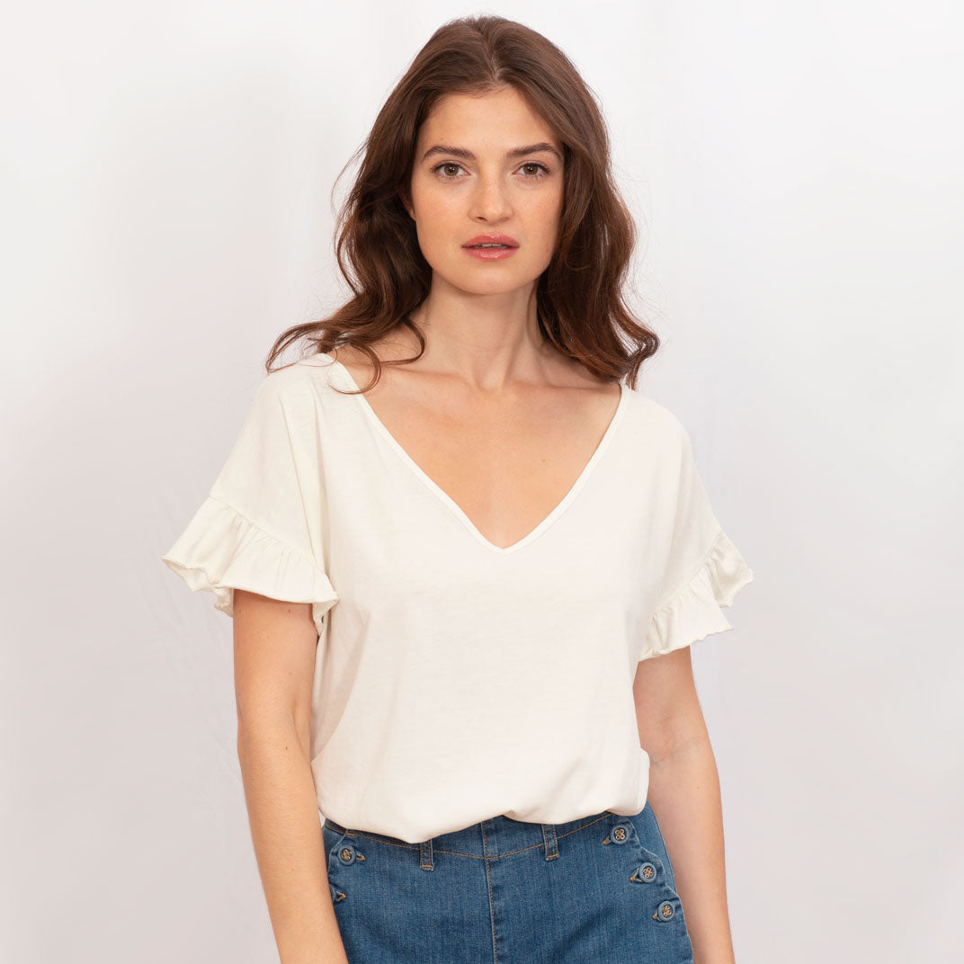 Tee-shirt volants jersey de coton biologique écru