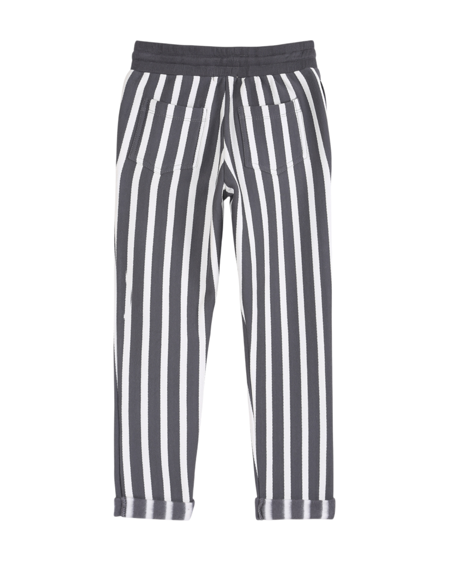 pantalon garcon en coton bio molletonne a rayures gris fonce et ecru