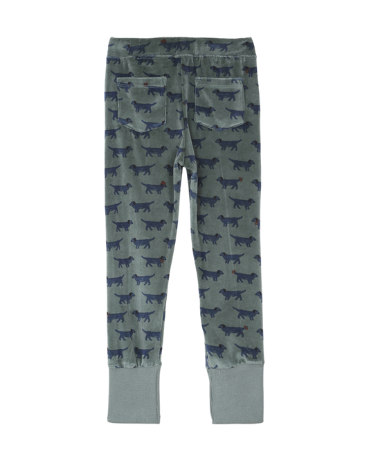 Jogger en velours bio canard imprime chien bleu