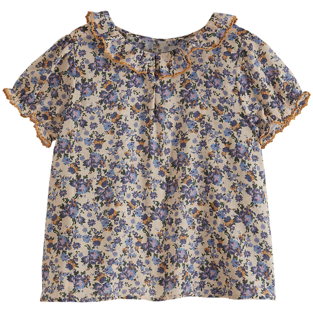 Blouse imprimée voile de coton écru et bleu