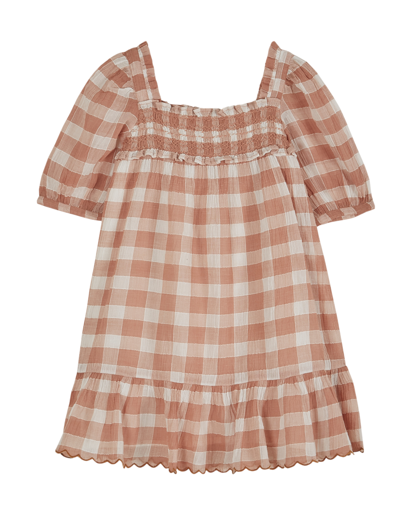 Robe vichy voile de coton blanc et terracotta