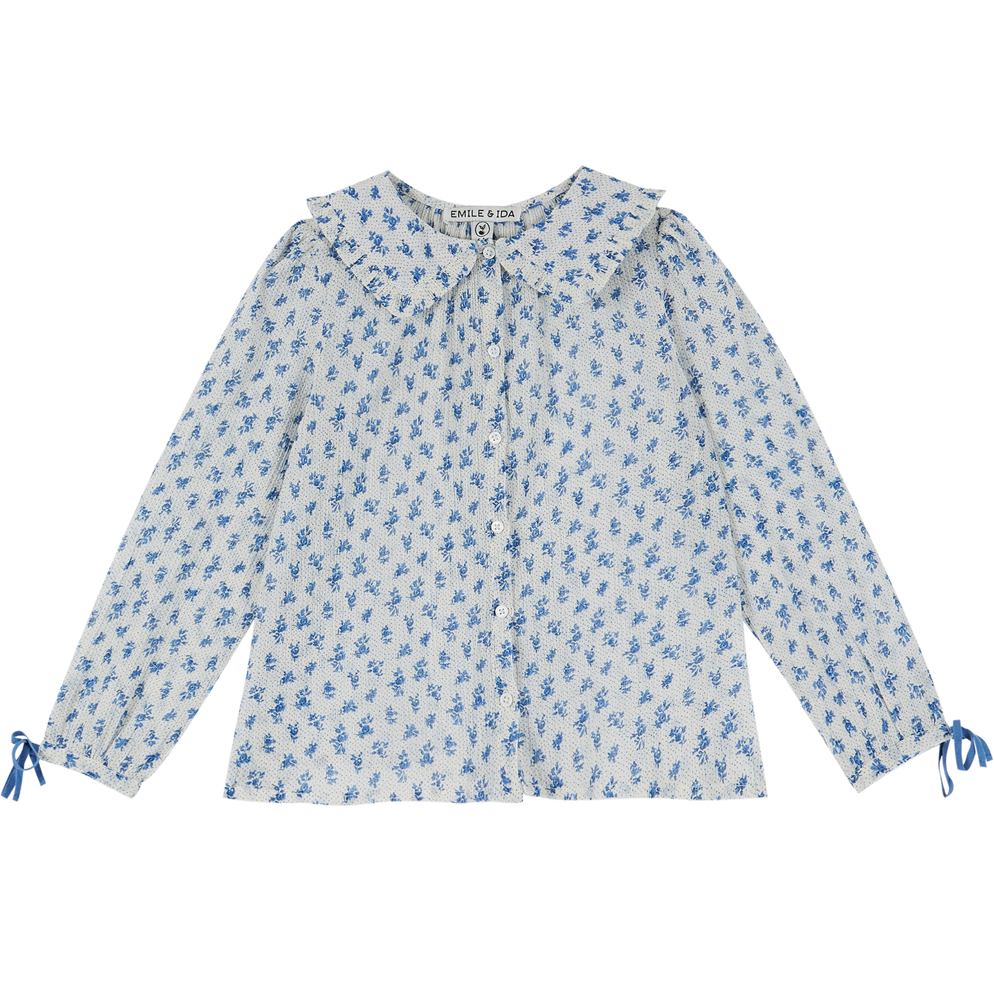 Blouse voile de coton créponné blanc fleurette bleue