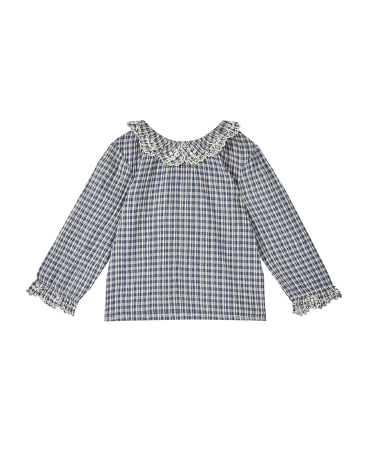 Blouse bébé voile de coton créponné carreau indigo