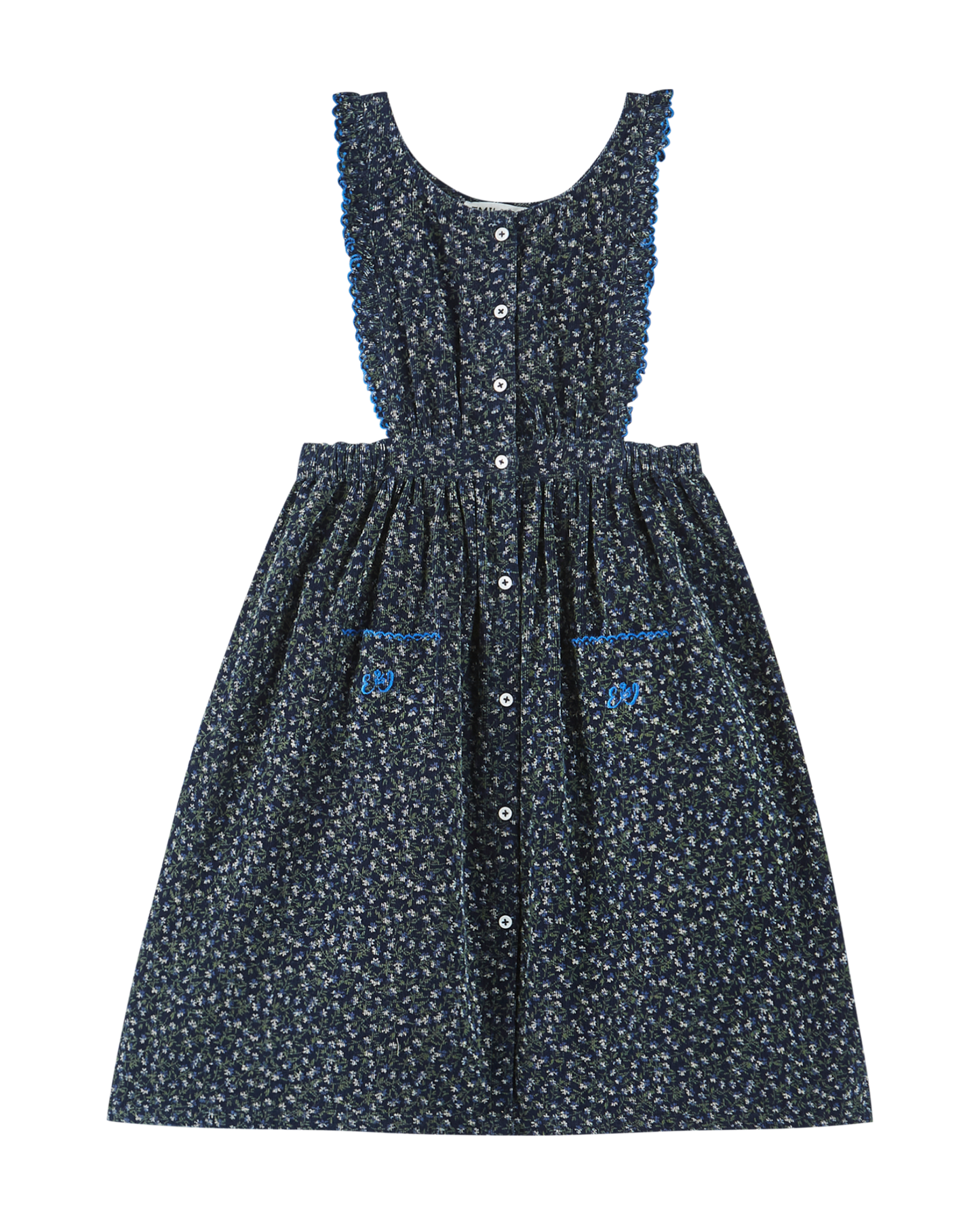 Robe tablier velours bleu motifs floraux