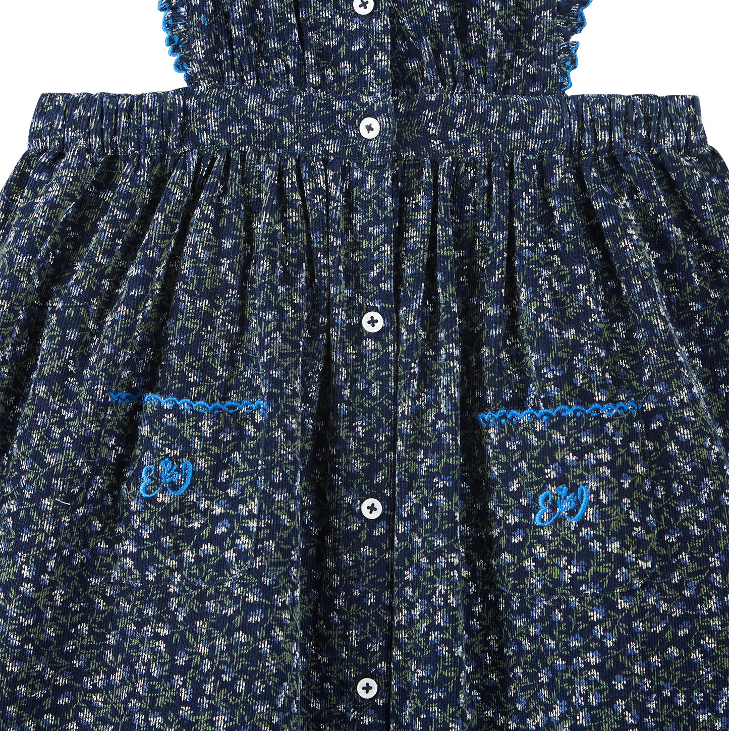 Robe tablier velours bleu motifs floraux