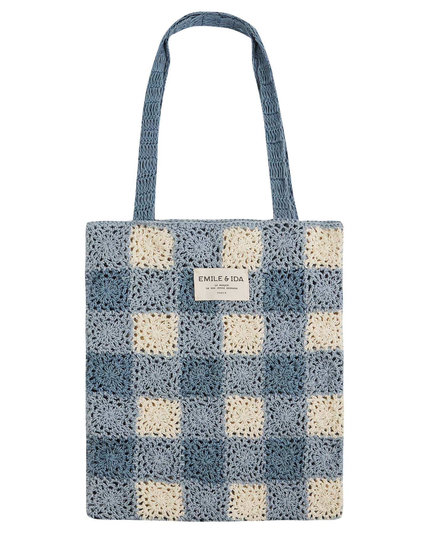 Sac vichy en crochet bleu et blanc
