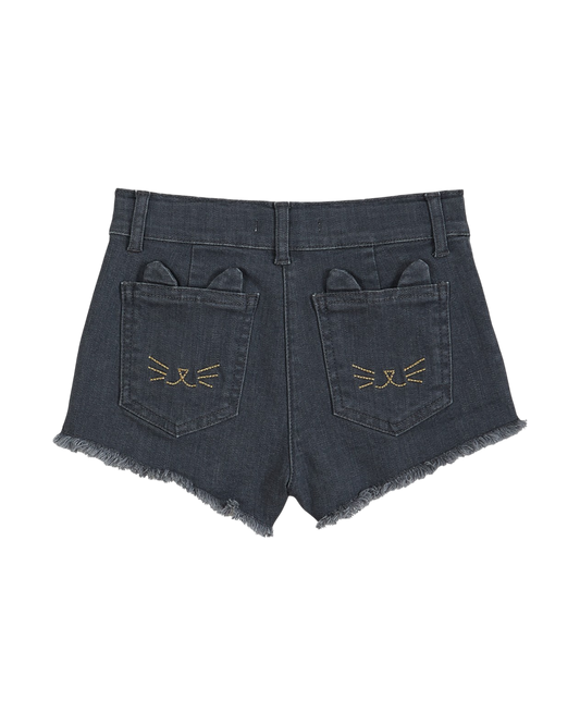 Short brodé chat denim gris