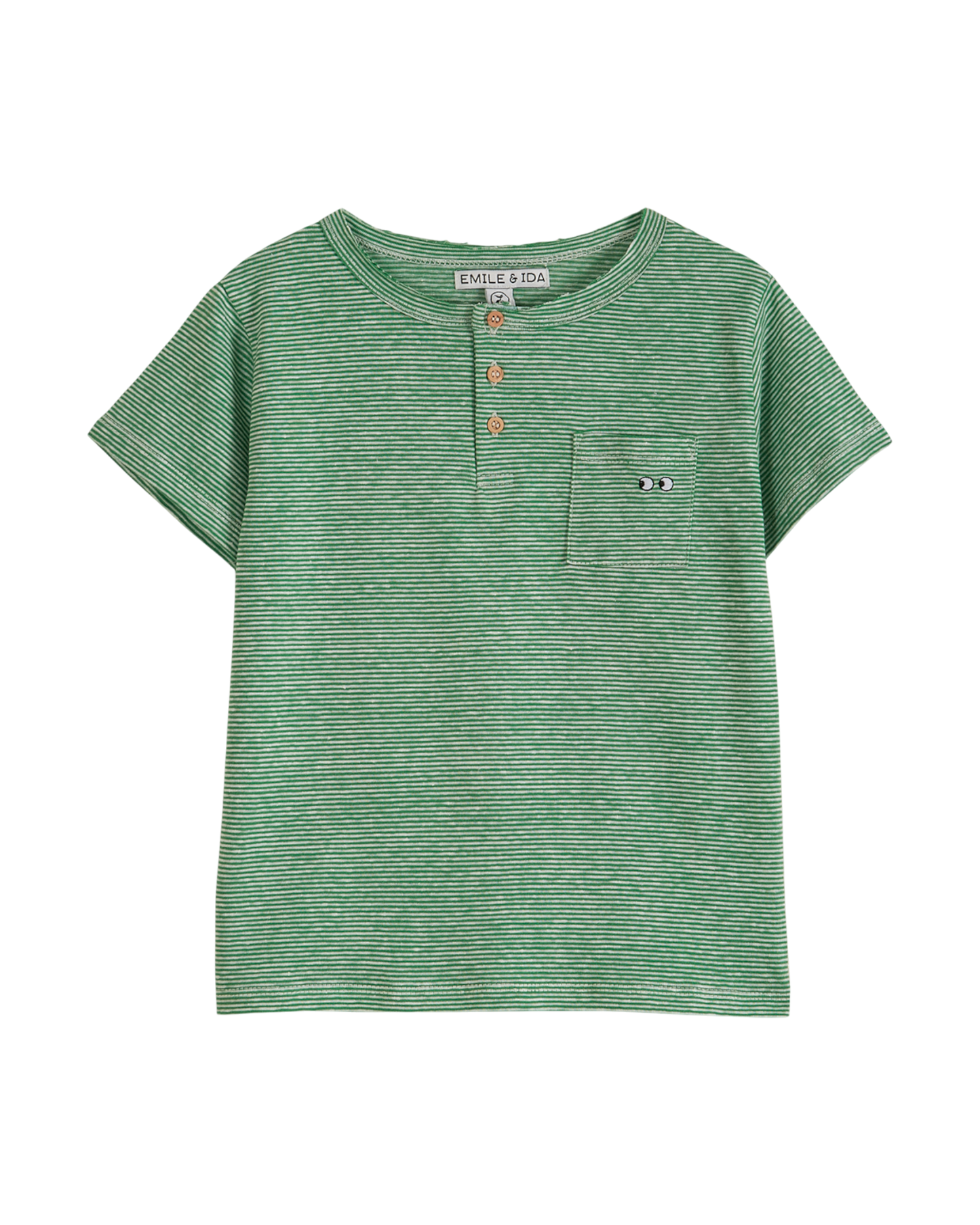 T-shirt col tunisien coton bio et lin rayé vert