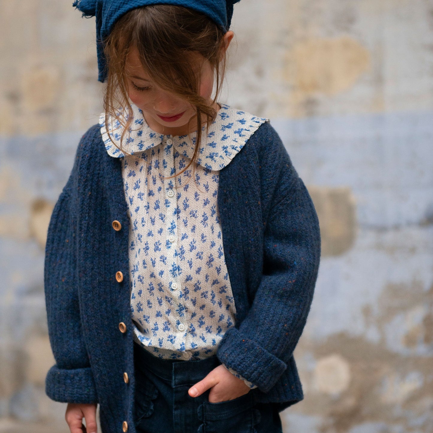 Blouse voile de coton créponné blanc fleurette bleue