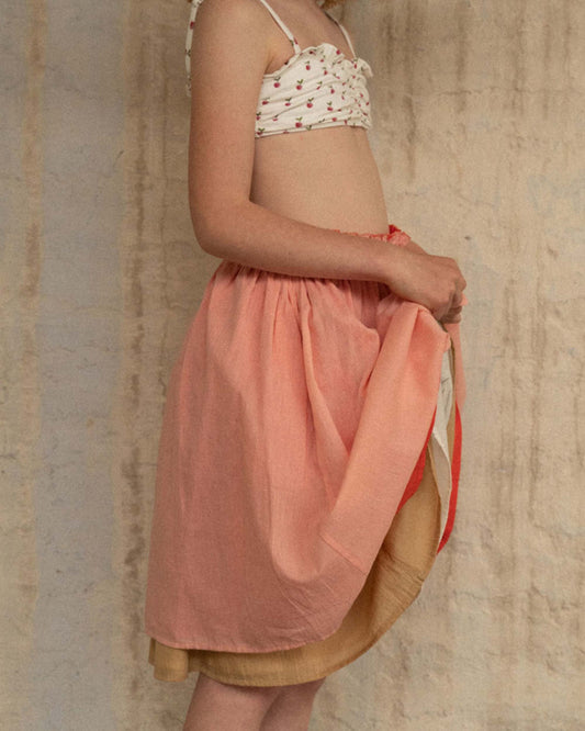 Jupe réversible voile de coton rose et rouge