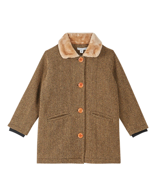 Manteau laine à chevrons beiges et noir