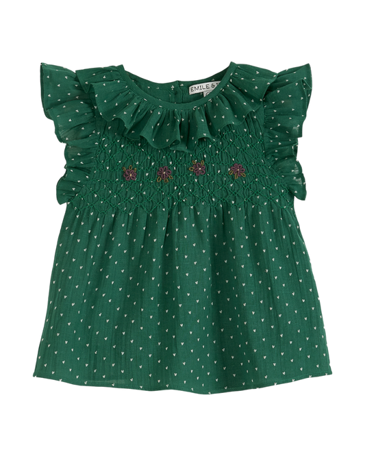 Blouse smockée créponnée vert