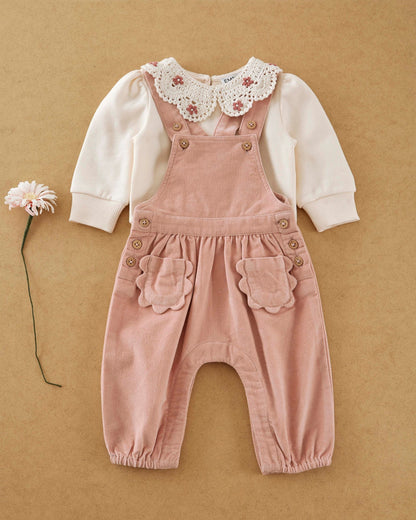 Salopette - Velours poches fleurs rose