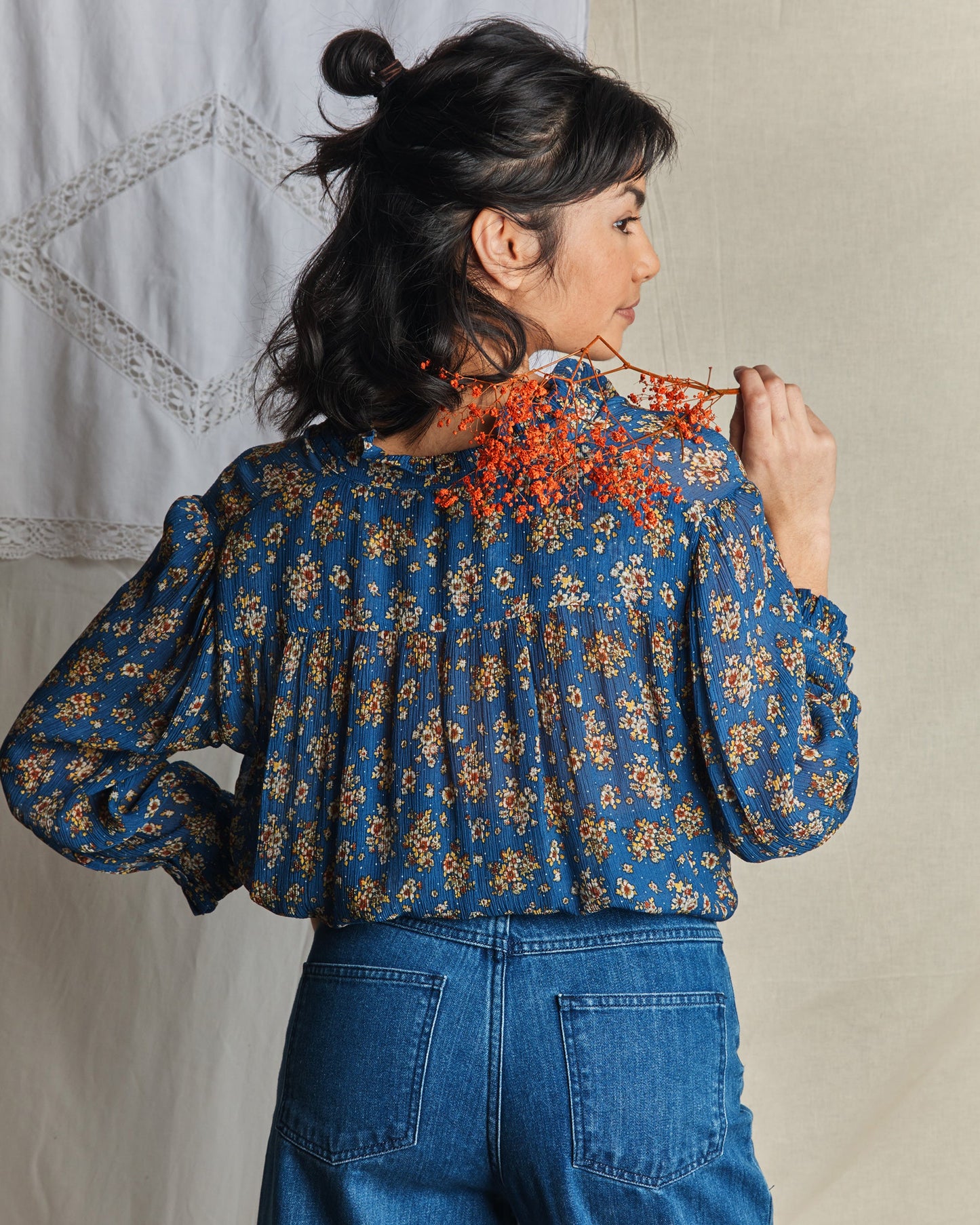 Blouse viscose et soie floral bleu