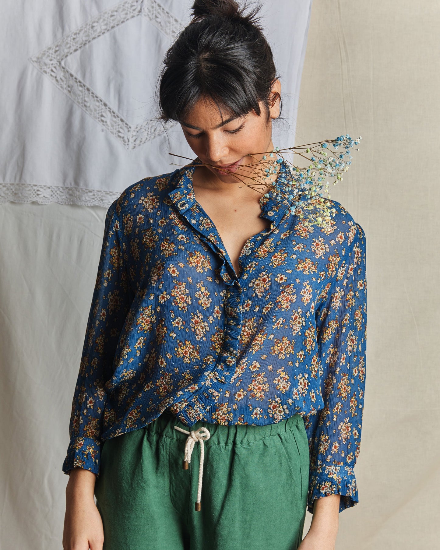 Blouse viscose et soie floral bleu