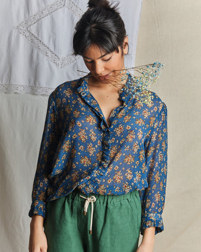 Blouse viscose et soie floral bleu