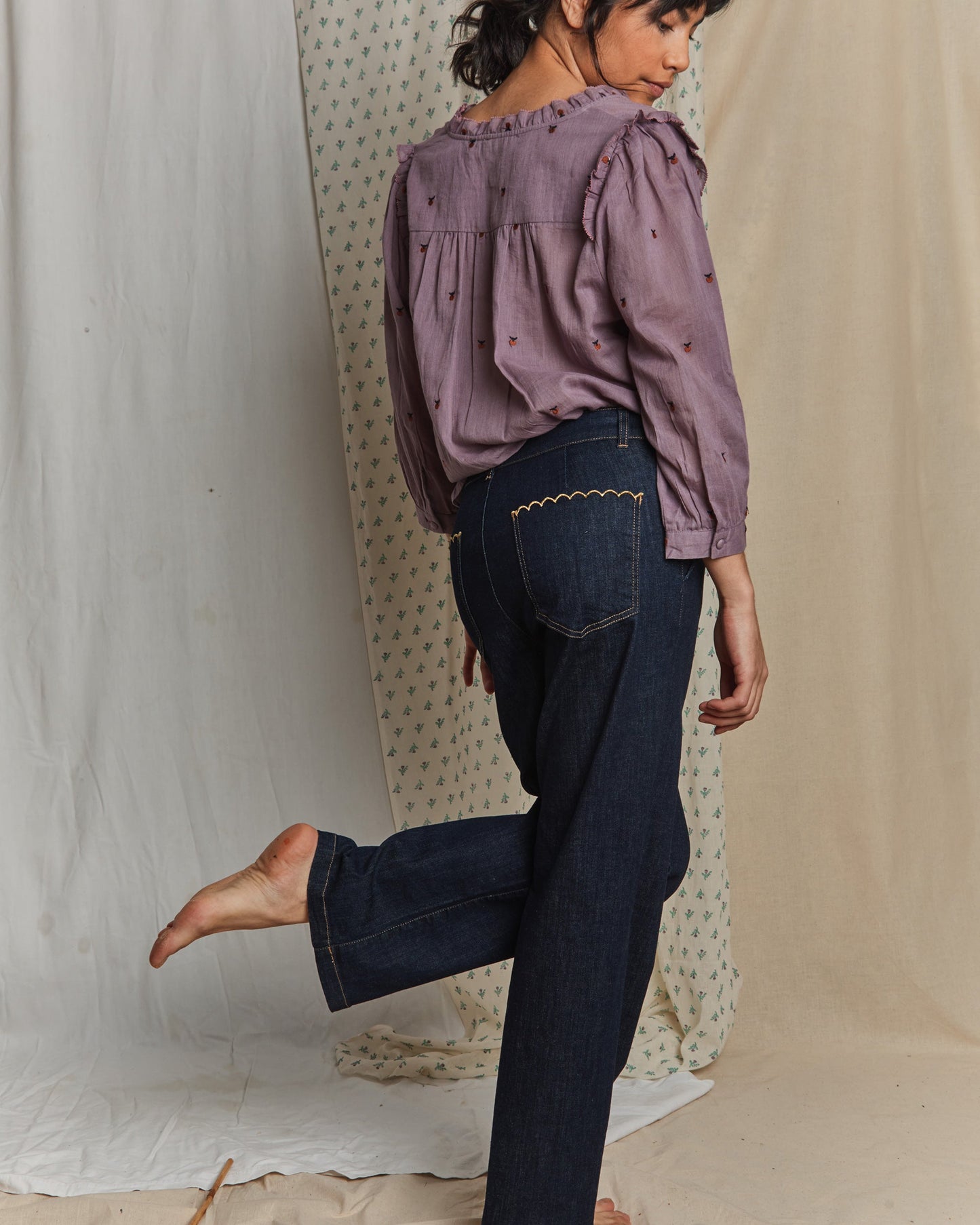 Pantalon à pont boutons dorés coton bio denim medium