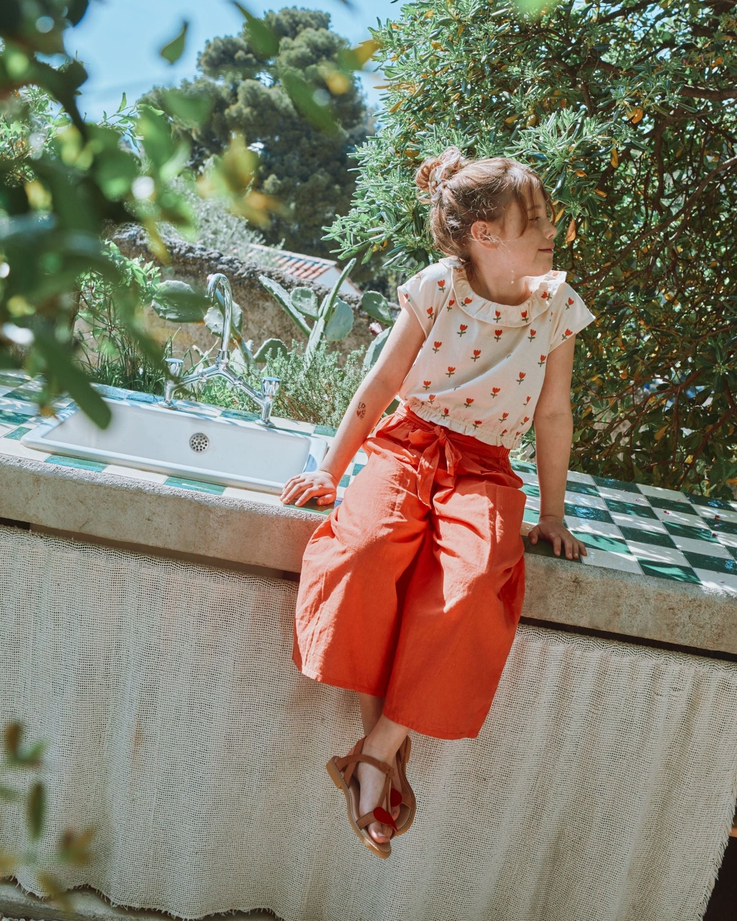 Pantalon noué lin et coton orange