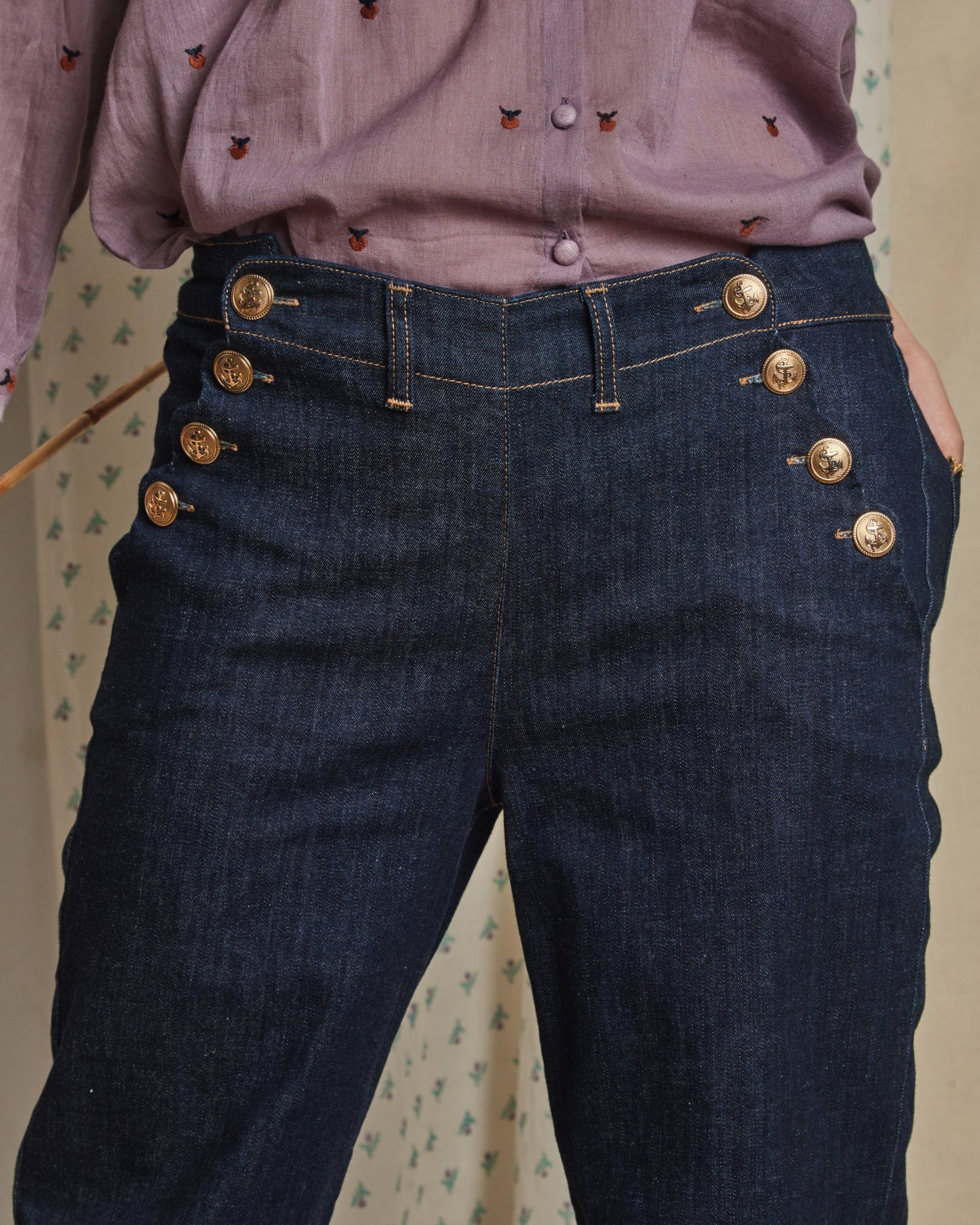 Pantalon à pont boutons dorés coton bio denim medium