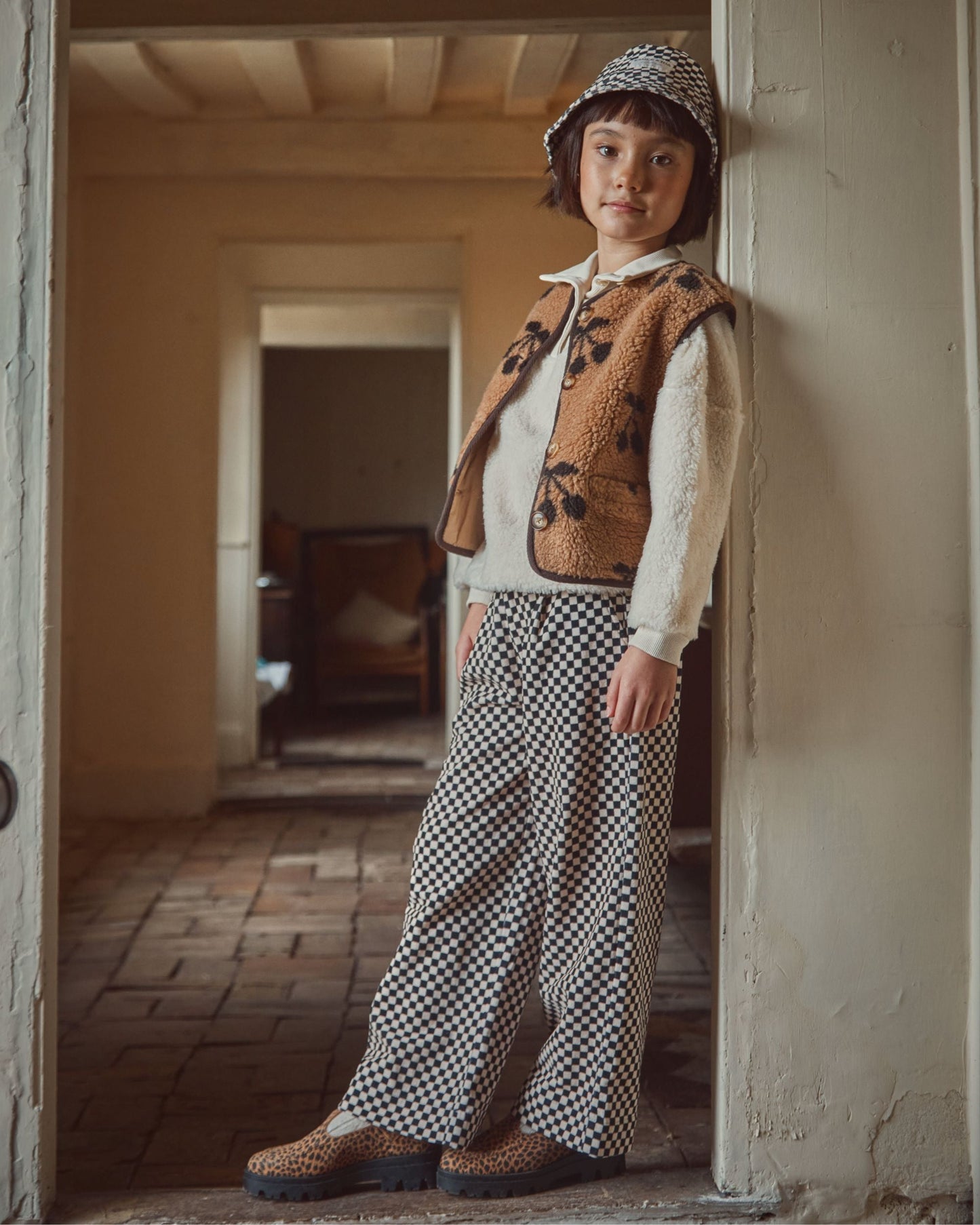 Pantalon droit velours damier noir et blanc