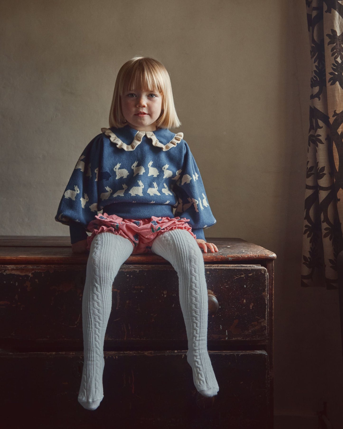 Pull jacquard lapin fille coton bio bleu