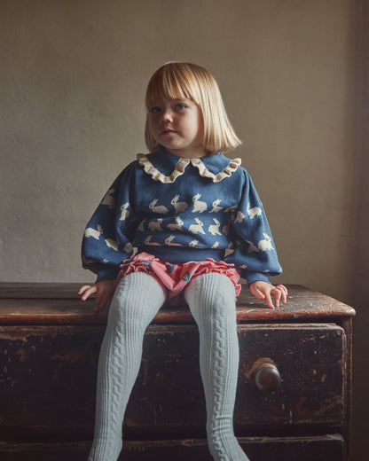 Pull jacquard lapin fille coton bio bleu