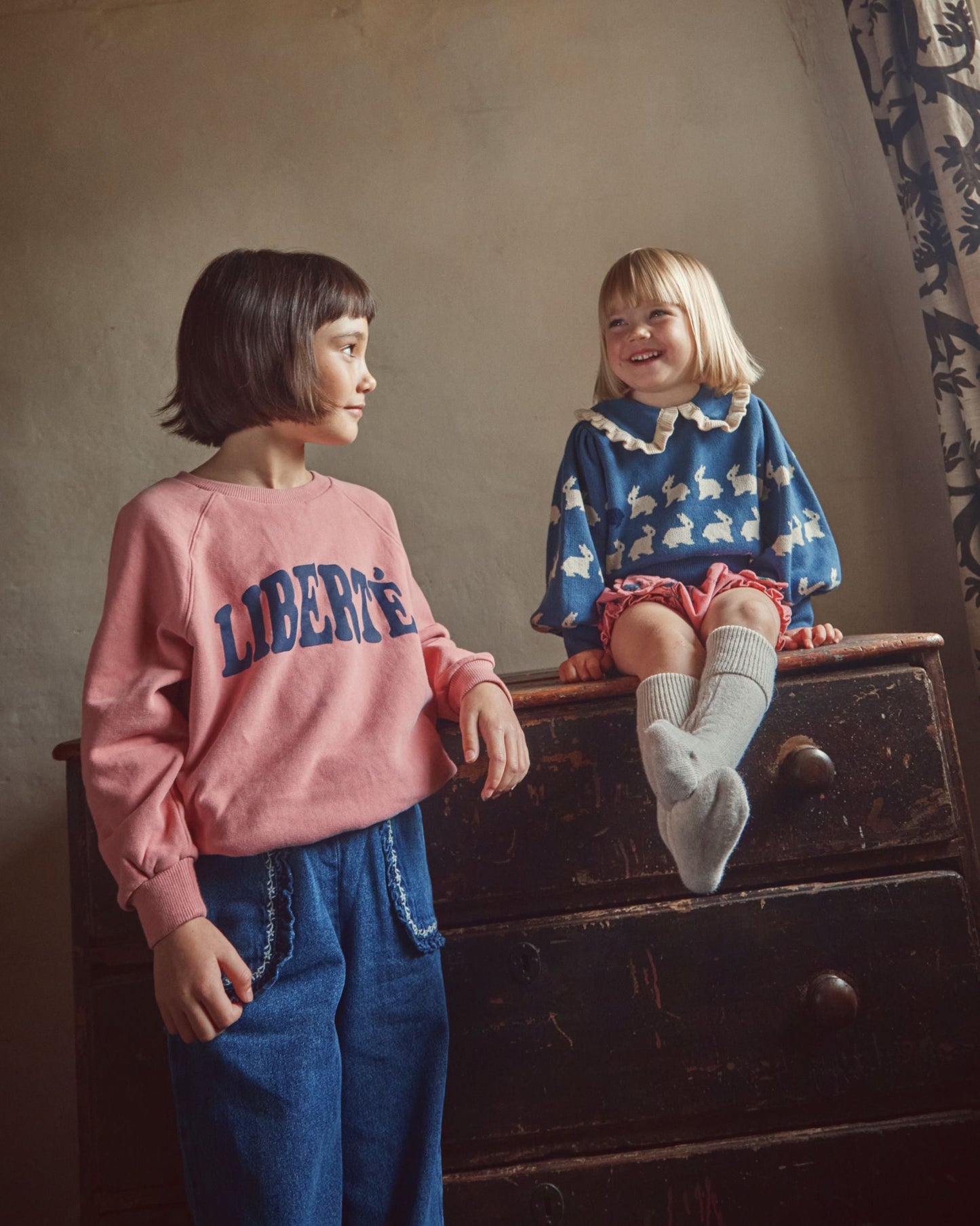 Pull jacquard lapin fille coton bio bleu