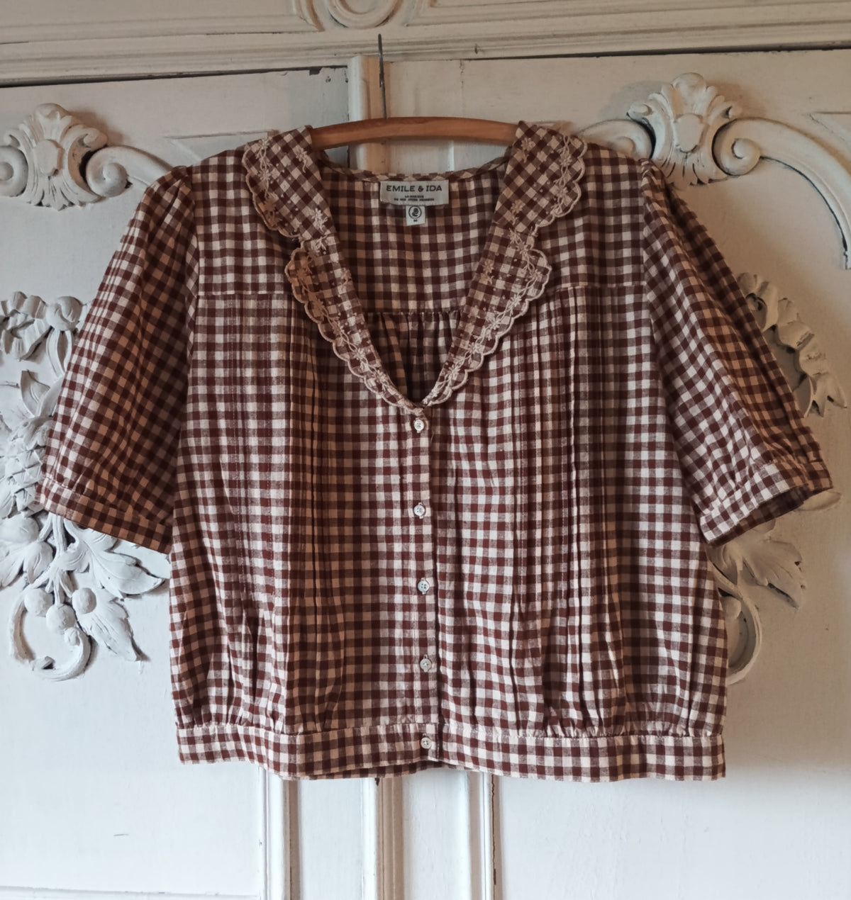 Blouse en coton vichy écru et chocolat