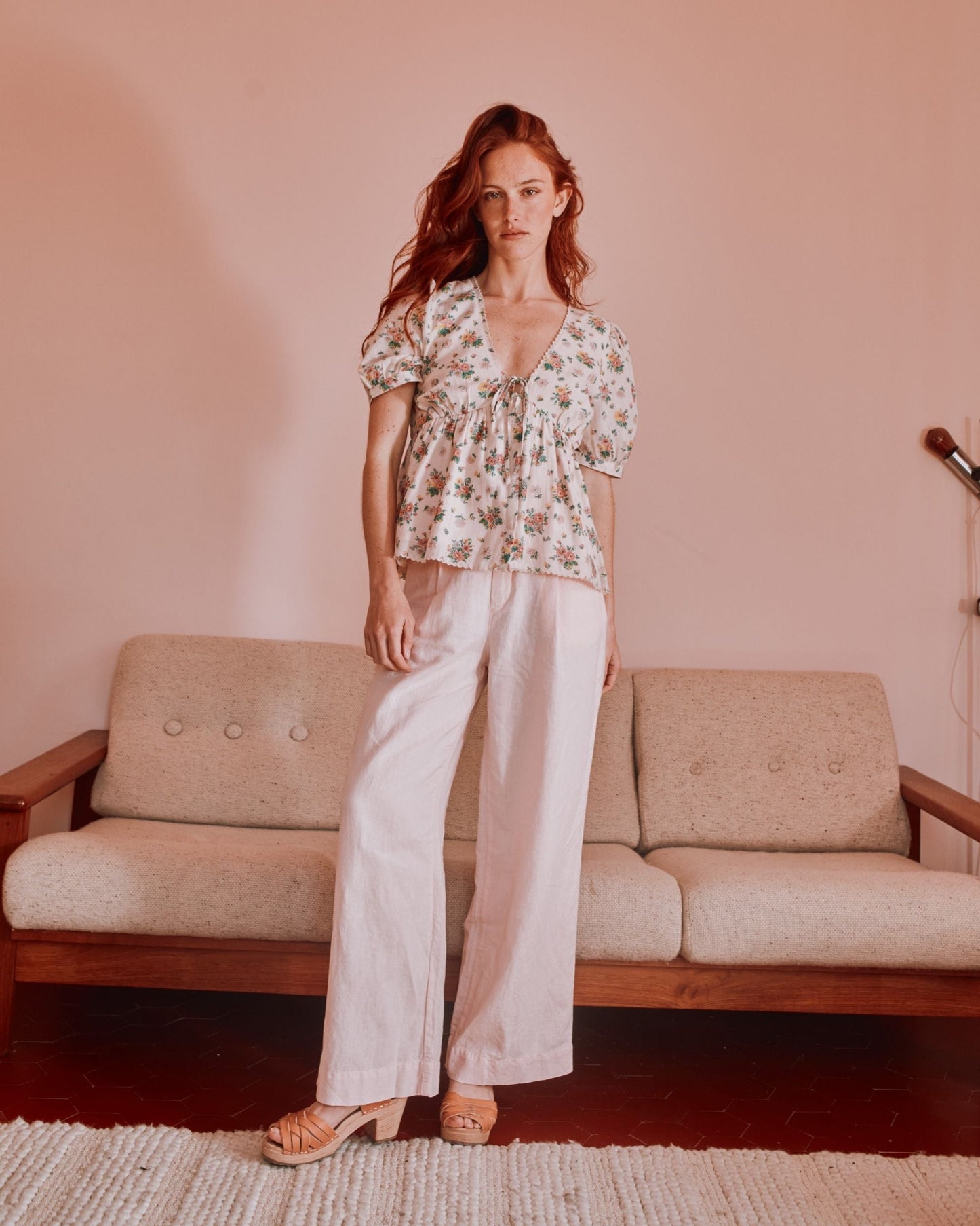Blouse col V printemps rose
