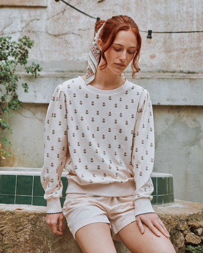 Sweat femme éponge fleurs douces écru