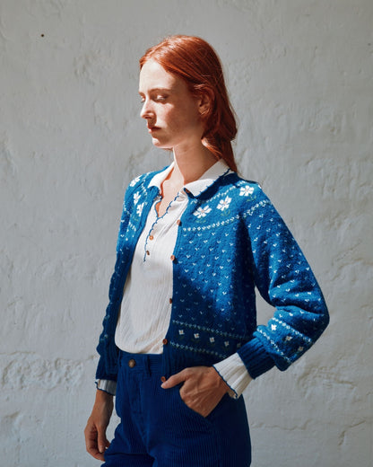Cardigan femme - Jacquard Marguerite bleu royal