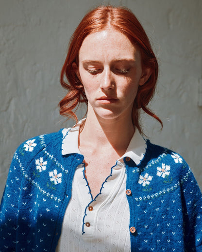 Cardigan femme - Jacquard Marguerite bleu royal
