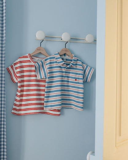 Polo coton bio rayures rouge et bleu
