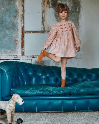 Robe - Smocké à carreaux rose