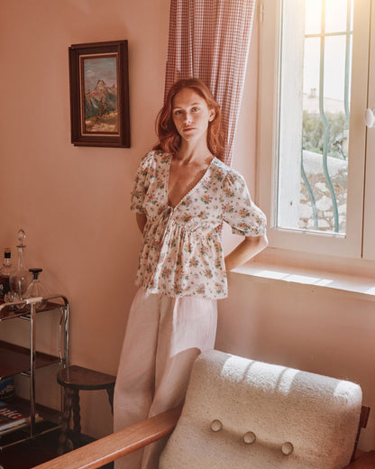 Blouse col V printemps rose