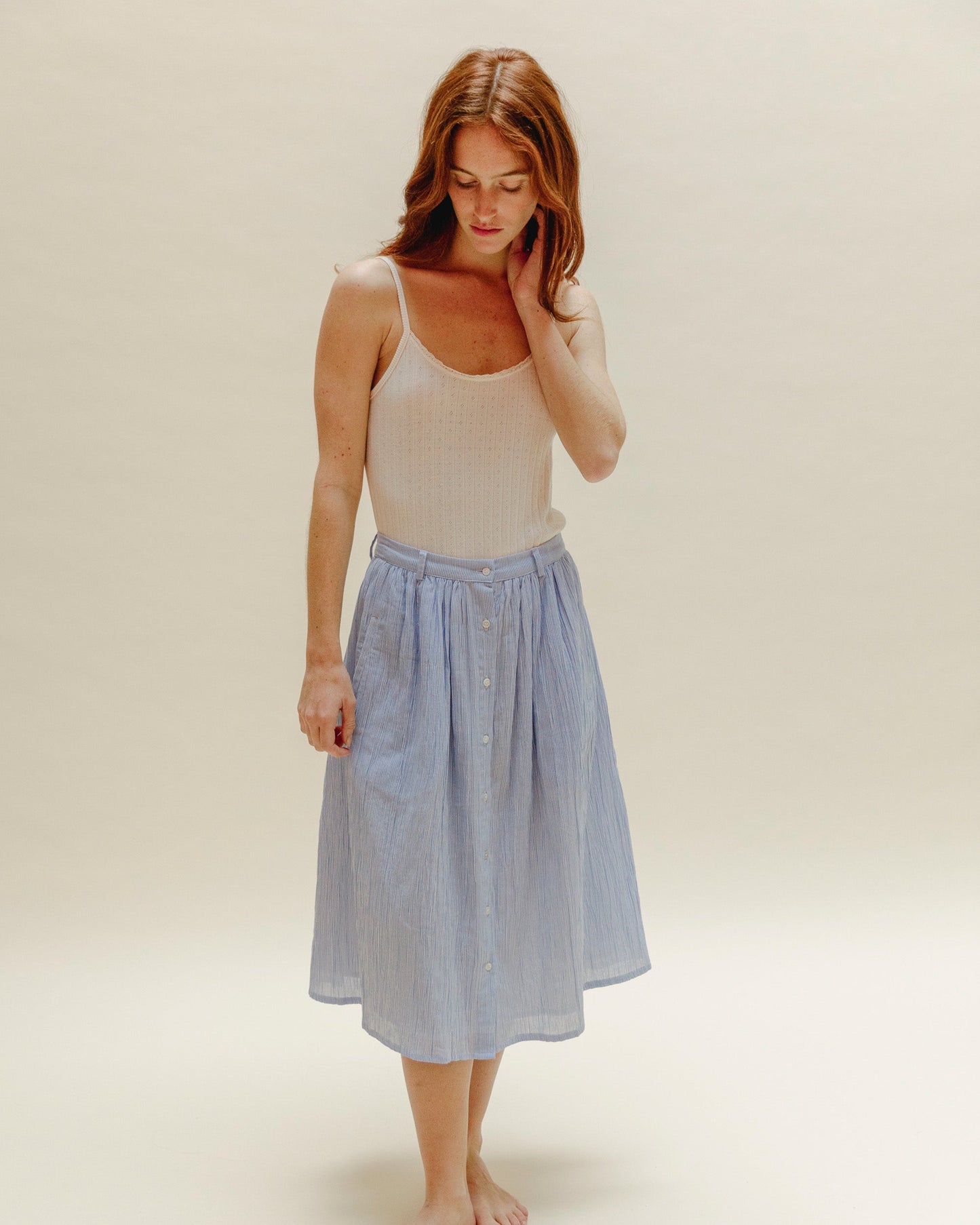 Jupe midi coton rayé blanc et bleu