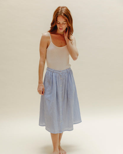 Jupe midi coton rayé blanc et bleu