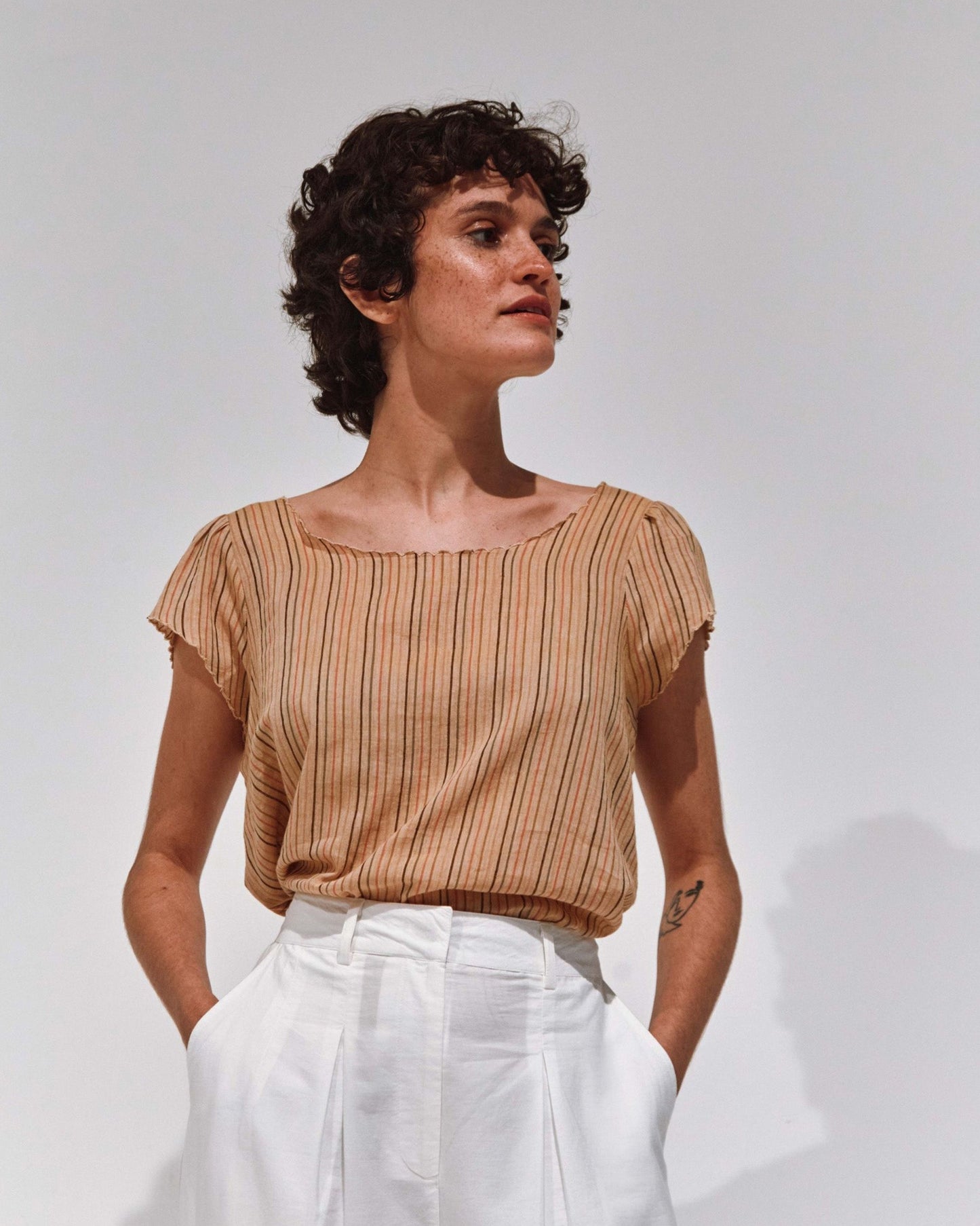Top khadi rayures ocre clair