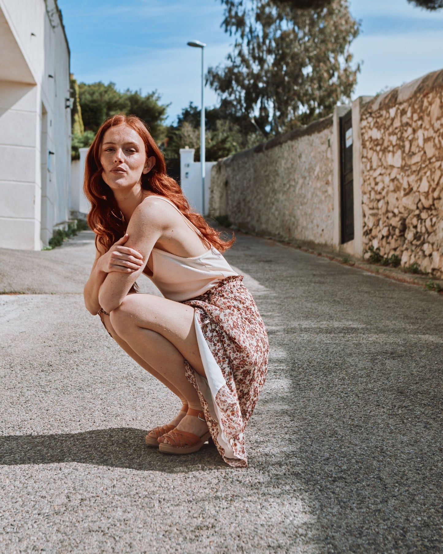 Jupe midi écru myosotis rose