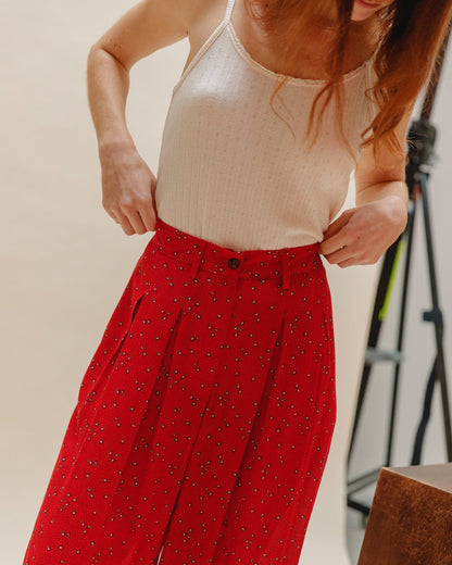 Pantalon palazzo à fleurs rouge