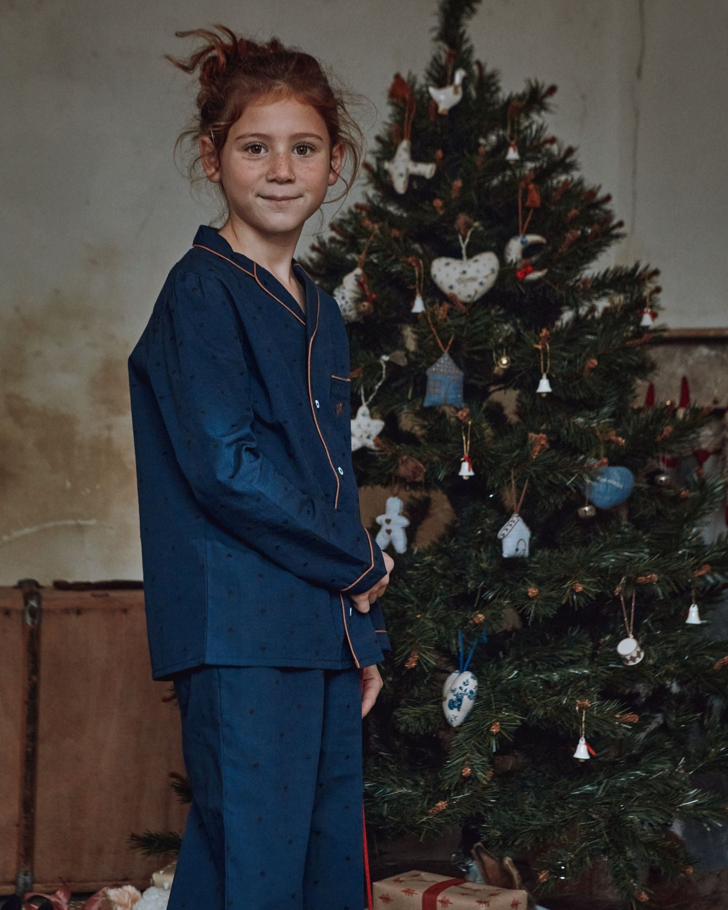 Pyjama fille - Coeurs brodés navy