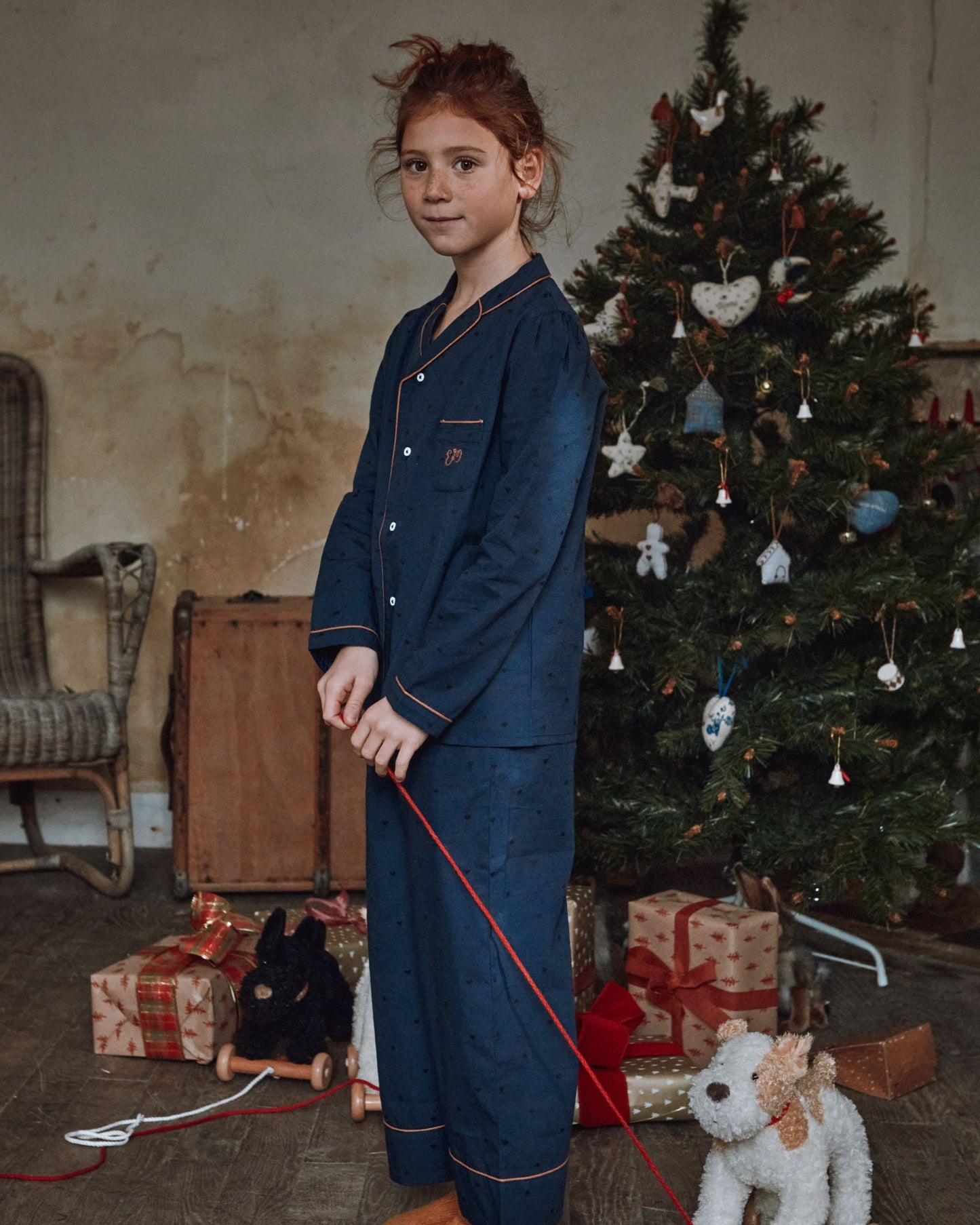 Pyjama fille - Coeurs brodés navy